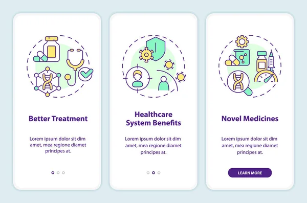 Benefits Precision Medicine Onboarding Mobile App Screen Genomics Walkthrough Steps — Stock Vector