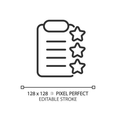 Yıldız pikselli pano mükemmel doğrusal simge. Ürün kontrolü hakkında rapor ver. Hizmet derecelendirme belgeleri. İnce çizgili çizim. Contour sembolü. Vektör çizimi. Düzenlenebilir vuruş