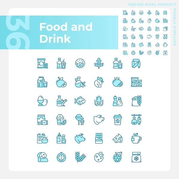 食物和饮料像素完美的蓝色Rgb颜色图标设置 百货商店 超级市场产品种类 孤立的矢量图解 简单的填充线条绘图集合 可编辑笔划 — 图库矢量图片