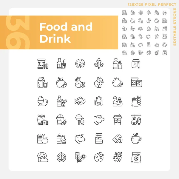 食物和饮料像素完美线形图标设置 百货商店 超级市场产品种类 购物清单 可定制的细线符号 孤立的矢量轮廓图解 可编辑笔划 — 图库矢量图片