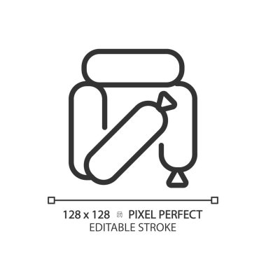 Sosis pikseli mükemmel doğrusal simge. Et ürünü. Fast food. Domuz sucuğu sosisi. Sosisli sandviç. Barbekü menüsü. Yemek hazırlığı. İnce çizgili çizim. Contour sembolü. Vektör çizimi. Düzenlenebilir vuruş