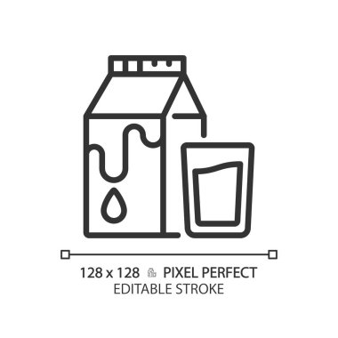 Süt pikseli mükemmel doğrusal simge. İnek sütü. Tarım ürünleri. Kalsiyum zengini yiyecekler. İçecek pazarı. İnce çizgili çizim. Contour sembolü. Vektör çizimi. Düzenlenebilir vuruş