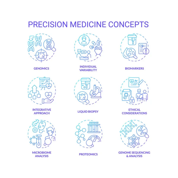 Set Icone Del Concetto Gradiente Blu Della Medicina Precisione Programma — Vettoriale Stock