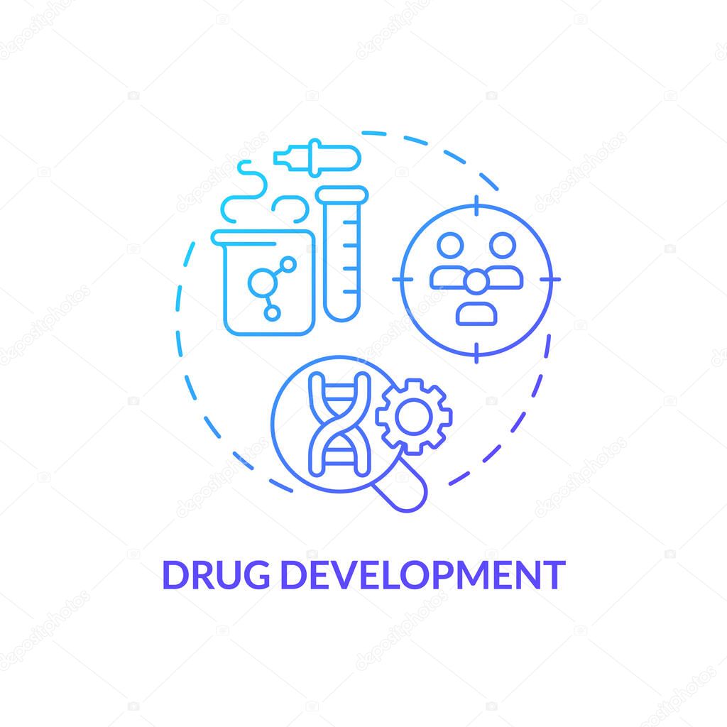 Drug development blue gradient concept icon. Identify biomarkers associated with pharmacy respond. Application of precision medicine abstract idea thin line illustration. Isolated outline drawing
