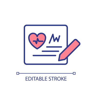 Kardiyolog reçeteli RGB renk ikonu. Kalp tedavisi için ilaç alıyorum. Hasta için doktor tavsiyeleri. İzole vektör çizimi. Basit bir çizgi çizimi. Düzenlenebilir vuruş