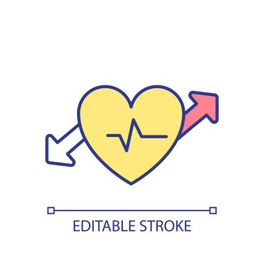 Kalp atışı incelemesi RGB renk simgesi. Kardiyovasküler sistem hastalığını önle. Düzenli EKG kontrolü. Sağlık hizmetleri. İzole vektör çizimi. Basit bir çizgi çizimi. Düzenlenebilir vuruş