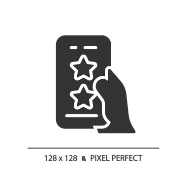 Mobil derecelendirme pikseli mükemmel siyah sembol. Cep telefonu uygulaması değerlendiriliyor. Ürün sıralaması. Müşteri görüşü. Beyaz uzayda siluet sembolü. Piktogram sağlammış. Vektör izole illüstrasyonu