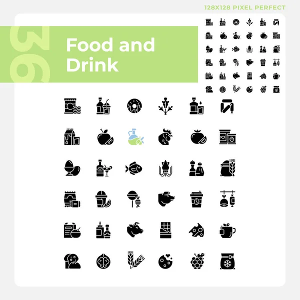食物和饮料像素完美的黑色象形设置在白色的空间 百货商店 超级市场产品种类 购物清单 轮廓符号 实心象形文字包 矢量孤立的说明 — 图库矢量图片