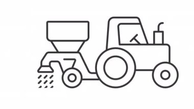 Tohum matkabıyla canlandırılmış traktör. Aracın hareket etmesi tahıl serpme hattı animasyonu. Çiftlik aletleri. Şeffaf arkaplanda alfa kanalı olan kusursuz HD video. Taslak hareketli grafik canlandırması