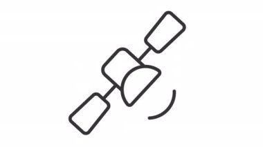 Animasyon uydu doğrusal simgesi. Uzay gemisi sinyalleri animasyon sinyali gönderiyor. Dünya yumurtalıkları. Şeffaf arkaplanda alfa kanalı olan kusursuz HD video. Taslak hareketli grafik canlandırması