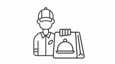 Animasyon gıda kurye hattı ikonu. Yemek paketini taşıyan teslimatçı. Ekspres servis. Teslimatçı. HD video alfa kanallı, şeffaf arkaplan. Özet hareket grafiği