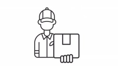 Canlandırılmış postacı çizgisi ikonu. Postacının elinde kutu animasyonu var. Posta işçisi. Nakliye servisi. Kapıdan kapıya teslimat. HD video alfa kanallı, şeffaf arkaplan. Özet hareket grafiği