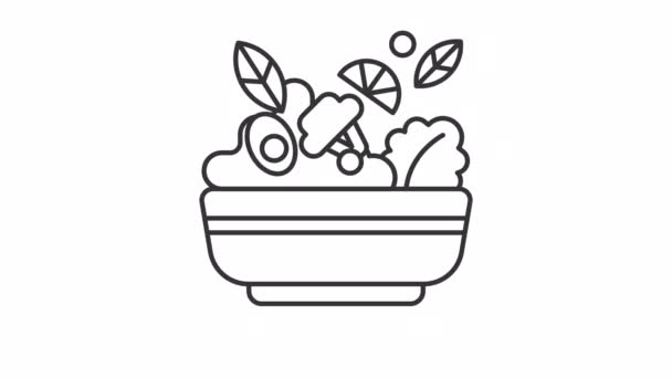 动画沙拉线图标 碗动画中蔬菜配料弹跳 健康食品 新鲜的菜单循环Hd视频与阿尔法通道 透明的背景 轮廓运动图形 — 图库视频影像