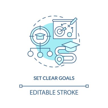 Turkuaz konsept simgesi açık hedefler belirleyin. Performansı arttır. Öğrenci gelişimi. Eğitim stratejisi. Akademik başarı soyut fikir ince çizgi çizimi. İzole bir taslak çizim. Düzenlenebilir vuruş