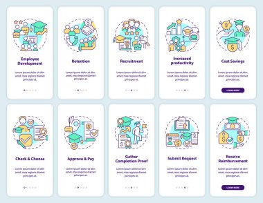 Mobil uygulama ekranında harç geri ödeme seti. Finansal yardım, doğrusal kavramlarla birlikte düzenlenebilir grafik yönergelerini 5 adımda gözden geçirir. UI, UX, GUI şablonu. Kullanılan sayısız Pro-Kalın, Düzenli yazı tipleri 