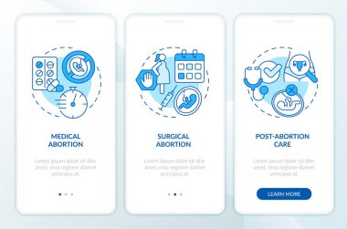 Kürtaj hizmeti mavi seyyar uygulama ekranında. İstenmeyen hamilelik süreci, doğrusal kavramlarla birlikte düzenlenebilir grafik yönergelerin 3 basamağı boyunca yürür. UI, UX, GUI şablonu. Kullanılan sayısız Pro-Kalın, Düzenli yazı tipleri