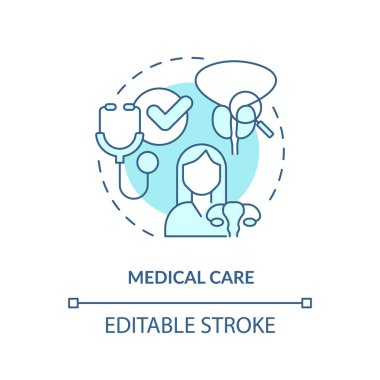 Tıbbi bakım turkuaz konsept ikonu. Sağlık hizmetleri. Tıp camiası. Sağlık hizmeti sağlayıcısı. Üreme sağlığı soyut fikri ince çizgi çizimi. İzole bir taslak çizim. Düzenlenebilir vuruş