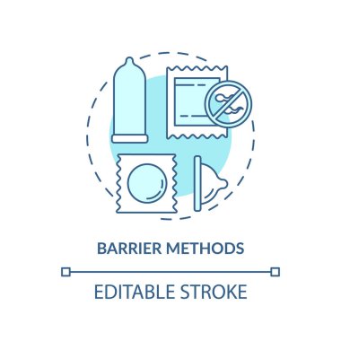 Bariyer yöntemleri turkuaz konsept simgesi. Koruyucu tıp. Doğum kontrol hapı. Aile planlaması. Sağlıklı kadın soyut fikir ince çizgi çizimi. İzole bir taslak çizim. Düzenlenebilir vuruş