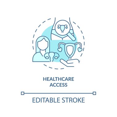 Sağlık hizmetleri erişim turkuaz konsept simgesi. Sağlık hizmetleri. Jinekolojik muayene. Düşük gelir. Üreme seçimi soyut fikir ince çizgi çizimi. İzole bir taslak çizim. Düzenlenebilir vuruş