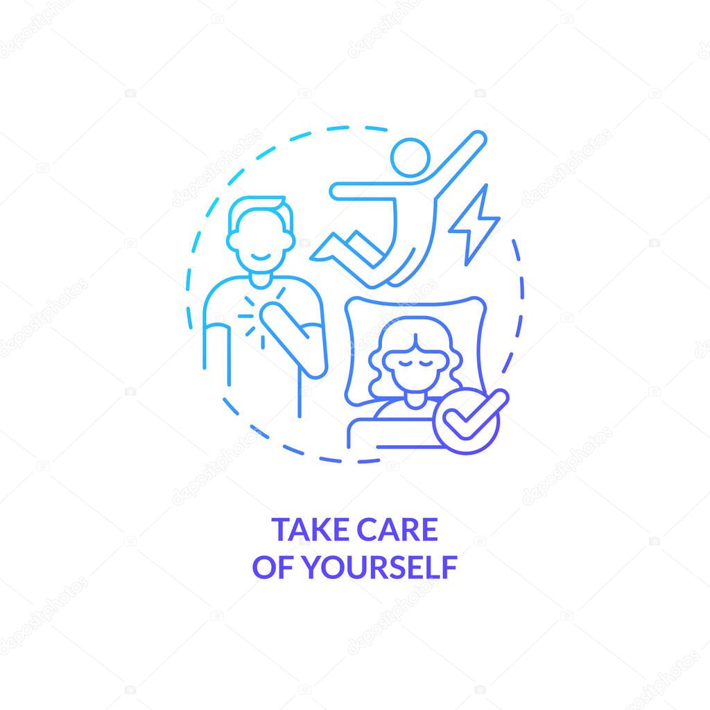 Take care of yourself blue gradient concept icon. Healthy lifestyle. Self care. Treat yourself. Reduce stress. Mental health abstract idea thin line illustration. Isolated outline drawing