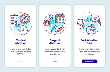 Gezici uygulama ekranında kürtaj bakımı. Tıbbi servis, doğrusal kavramlarla birlikte düzenlenebilir grafik talimatlarını üç adımda gözden geçirir. UI, UX, GUI şablonu. Kullanılan sayısız Pro-Kalın, Düzenli yazı tipleri