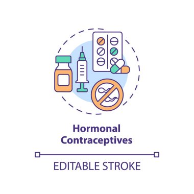 Hormonal doğum kontrol konsepti ikonu. Doğum kontrol hapı. Doğum kontrol koruması. Doğum kontrol yöntemi. Kadınlar soyut fikirlerin ince çizgilerini çizerler. İzole bir taslak çizim. Düzenlenebilir vuruş