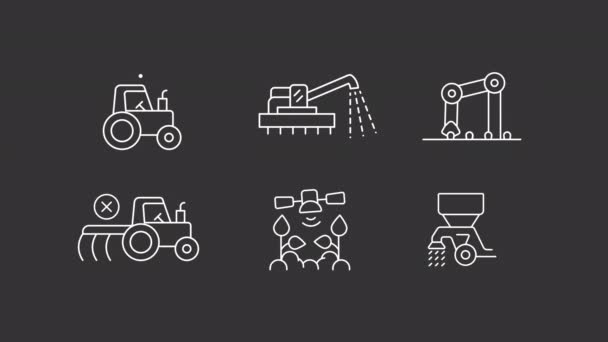 Conjunto Instrumentos Agrícolas Animados Animación Tractores Movimiento Vehículos Para Labranza — Vídeo de stock