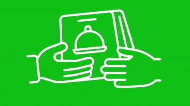 Beyaz simge animasyonunu teslim et. Animasyon çizgisi teslimatçısı müşteriye yemek siparişi veriyor. Krom anahtarlı HD video, alfa kanalı, şeffaf arkaplan. Taslak hareketli grafik canlandırması