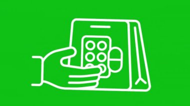 Eczane beyaz ikon animasyonu. Animasyon çizgisi hapları veriyor. Kurye servisi. Krom anahtarlı HD video, alfa kanalı, şeffaf arkaplan. Taslak hareketli grafik canlandırması