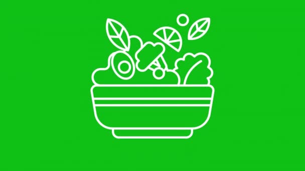 アニメーションサラダホワイトラインアイコン 野菜の具材がボウルアニメーションで跳ねる 健康食品 クロマキー アルファチャンネル 透明背景でHdビデオをループします グラフィックアニメーション — ストック動画