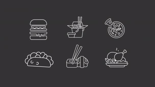 Мультипликационные Популярные Блюда Белые Иконы Мировая Кулинарная Линия Анимации Знаменитая — стоковое видео