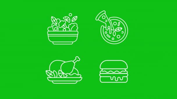 动画美国食物白色图标 美式餐厅菜单动画 送货服务 带有色键 Alpha通道 透明背景的循环Hd视频 轮廓运动图形动画 — 图库视频影像