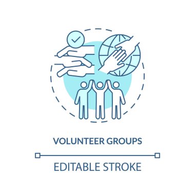 Gönüllü gruplar turkuaz konsept simgesi. Toplum yardımı. Kâr amacı gütmeden. Sen de katıl. Ortak hedef. Mikro topluluk fikri soyut ince çizgi çizimi. İzole bir taslak çizim. Düzenlenebilir vuruş