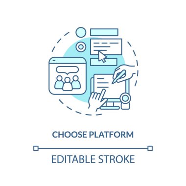 Platform turkuaz konsept simgesini seçin. Potansiyel müşteri. Sosyal medya. İş çözümü. Toplumsal büyüme soyut fikir ince çizgi çizimi. İzole bir taslak çizim. Düzenlenebilir vuruş