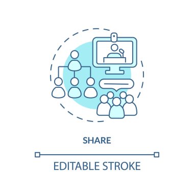 Hikayeleri ve deneyimleri paylaşın. Turkuaz konsept simgesi. Güvenli alan. İnternetteki konferans. İnsanlar bir arada. Toplum desteği soyut fikir ince çizgi çizimi. İzole bir taslak çizim. Düzenlenebilir vuruş