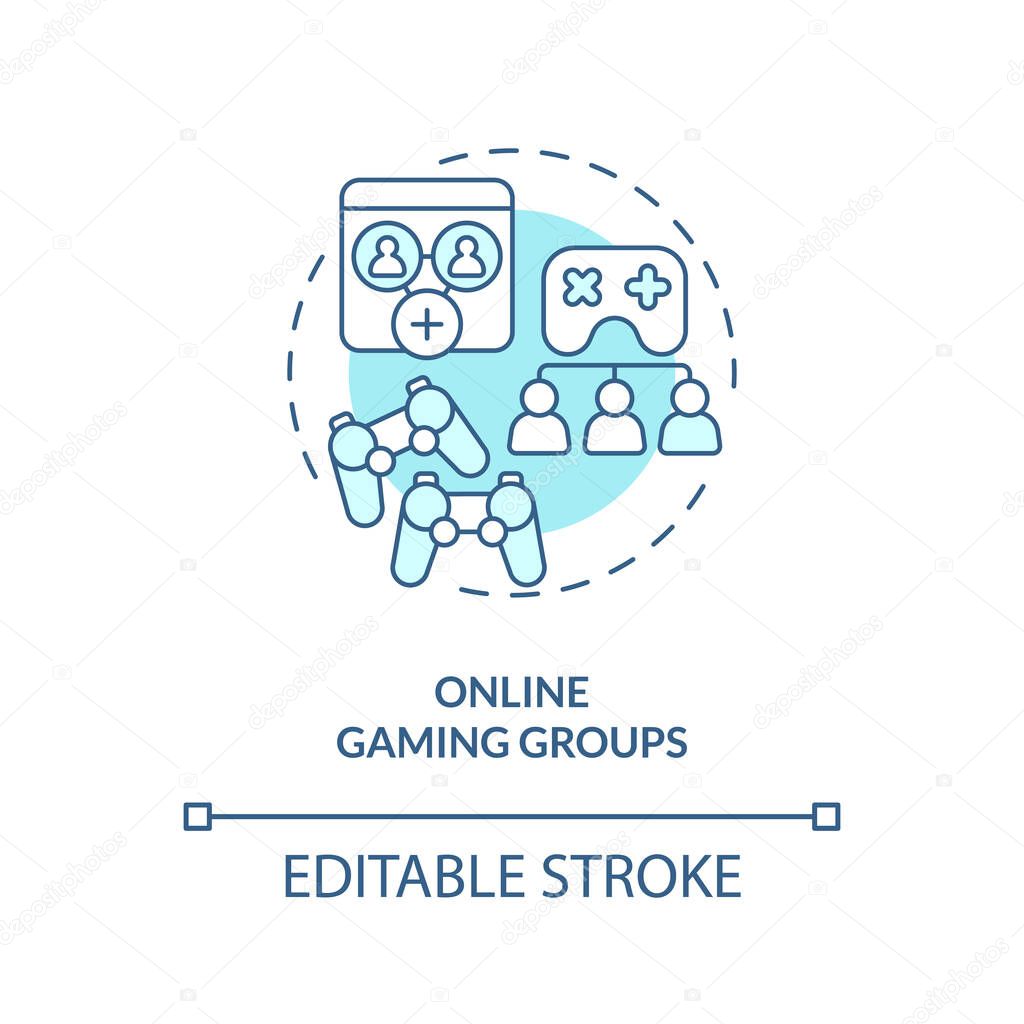 Online gaming groups turquoise concept icon. Cyber sport. Play together. Video game. Social engagement. People community abstract idea thin line illustration. Isolated outline drawing. Editable stroke