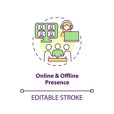 Çevrimiçi ve çevrimdışı varlık konsepti simgesi. Sosyal medya. Küçük bir topluluk. İnternet sohbeti. Blog forumu. İlgi grubu soyut fikir ince çizgi çizimi. İzole bir taslak çizim. Düzenlenebilir vuruş