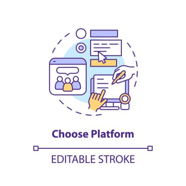 Platform konsept simgesi seçin. Potansiyel müşteri. Sosyal medya. E ticaret. İş çözümü. Toplumsal büyüme soyut fikir ince çizgi çizimi. İzole bir taslak çizim. Düzenlenebilir vuruş