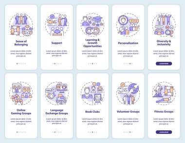 Mikro topluluk mobil uygulama ekranında. İnsanlar doğrusal kavramlarla 5 adımlık düzenlenebilir grafik yönergelerini birbirine bağlar. UI, UX, GUI şablonu. Kullanılan sayısız Pro-Kalın, Düzenli yazı tipleri