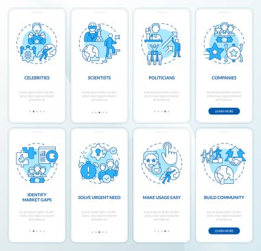 Moda, mobil uygulama ekran setindeki maviyi ayarlıyor. Pazarlama stratejisi. Doğrusal kavramlarla birlikte düzenlenebilir grafik talimatları. UI, UX şablonu. Kullanılan sayısız Pro-Kalın, Düzenli yazı tipleri