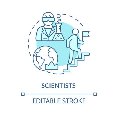 Bilim adamları turkuaz konsept ikonu. Yeni teknoloji. Endüstri gelişimi. Paradigma değişimi. Bilim araştırmacısı soyut fikir ince çizgi çizimi. İzole bir taslak çizim. Düzenlenebilir vuruş