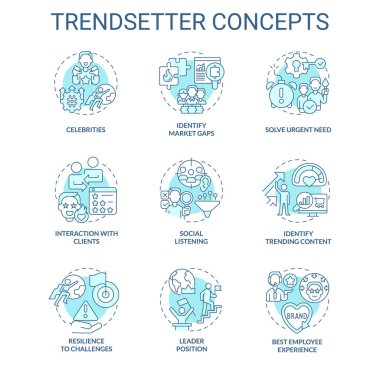 Moda belirleyici turkuaz konsept simgeleri ayarlandı. Sosyal medya. Yeni yaklaşım. Öngörülebilir analitik. Pazarlama stratejisi. Trend belirleyici fikir ince çizgi renk çizimleri. İzole semboller. Düzenlenebilir vuruş