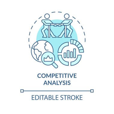 Rekabetçi analiz turkuvaz konsept ikonu. Veri araştırması. Stratejik yönetim. Performans değerlendirme fikri soyut ince çizgi çizimi. İzole bir taslak çizim. Düzenlenebilir vuruş