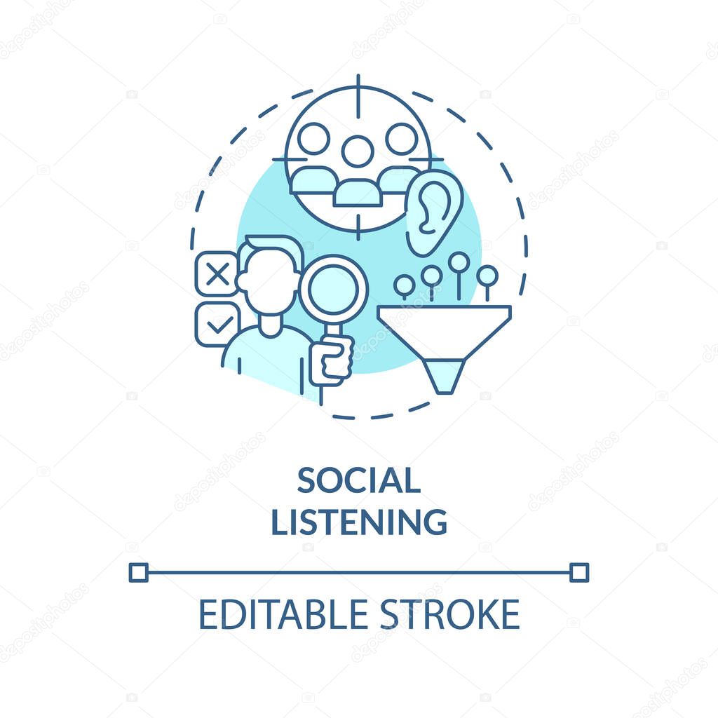 Social listening turquoise concept icon. Target audience. Keyword research. Brand development. Reputation management abstract idea thin line illustration. Isolated outline drawing. Editable stroke