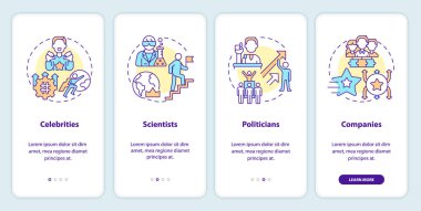 Moda belirleyiciler mobil uygulama ekranında. Yeni moda. Fikir lideri, doğrusal kavramlarla düzenlenebilir grafik talimatlarını dört adımda gözden geçirir. UI, UX, GUI şablonu. Kullanılan sayısız Pro-Kalın, Düzenli yazı tipleri