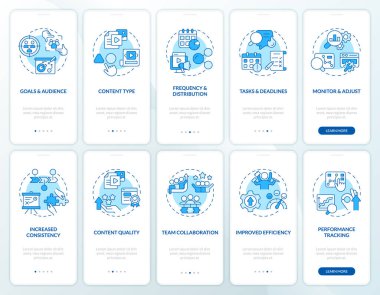 Mobil uygulama ekran setindeki editoryal takvim mavisi. Sosyal medya, doğrusal kavramlarla birlikte düzenlenebilir grafik yönergelerini 5 adımda gözden geçirir. UI, UX, GUI şablonu. Kullanılan sayısız Pro-Kalın, Düzenli yazı tipleri