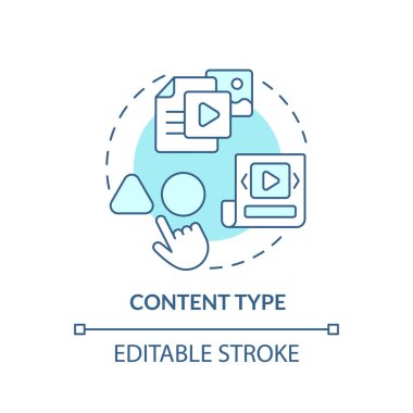 İçerik tipi turkuaz konsept simgesi. Blog iletisi. Pazarlama kampanyası. Hedef kitle. İnternet iletişimi soyut fikir ince çizgi çizimi. İzole bir taslak çizim. Düzenlenebilir vuruş
