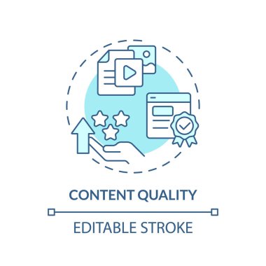 İçerik kalitesi turkuaz konsept simgesi. Değerli bilgiler. Seo optimizasyonu. Program çizelgesi. Sosyal medya fikri soyut ince çizgi çizimi planlar. İzole bir taslak çizim. Düzenlenebilir vuruş