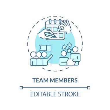 Takım üyeleri konsept simgesini turkuaz hale getiriyor. Birlikte çalışmak. Takım çalışması işbirliği. Program planlayıcısı. Takım işbirliği soyut fikir ince çizgi çizimi. İzole bir taslak çizim. Düzenlenebilir vuruş