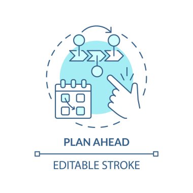 Turkuaz konsept simgesini önceden planla. Stres azaltma. Sırada ne var? İçerik takvimi. Pazarlama faaliyeti. Çevrimiçi soyut fikir ince çizgi illüstrasyonunu yayınlayın. İzole bir taslak çizim. Düzenlenebilir vuruş